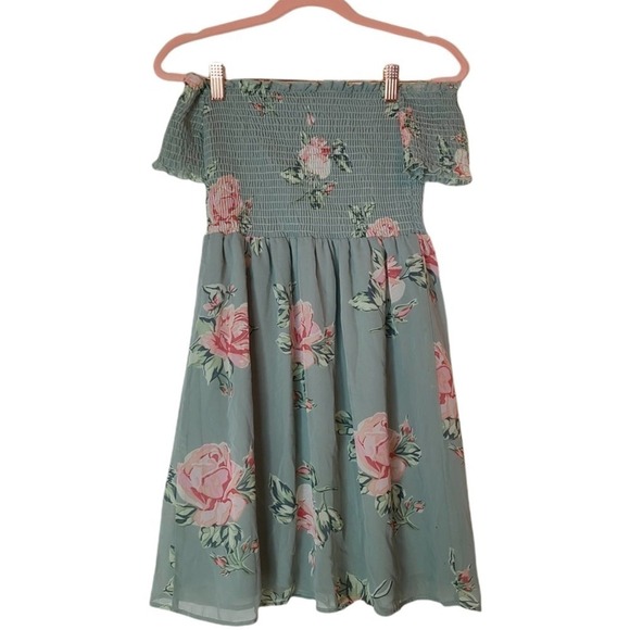 Show Me Your Mumu Sage Green Floral Smocked Off Shoulder Mini Dress Small NWT - Picture 6 of 9